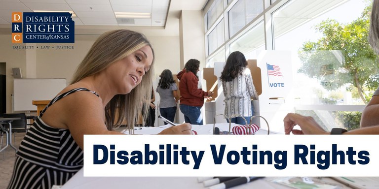 Woman with Dwarfism at the polling location. Text reads: Disability Voting Rights. 