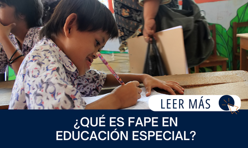 El texto dice: ¿QUÉ ES FAPE EN  EDUCACIÓN ESPECIAL? LEER MÁS Imagen de: Niño con una discapacidad del desarrollo sentado en un escritorio, escribiendo con un lápiz.